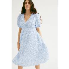 Yas 3D Floral Textured V Neck Midi Dress - Soft Blue