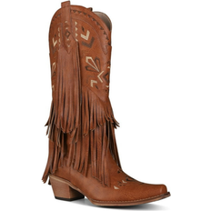 Shein Brown Cowgirl Western Boots Fringe Tassel Chunky High Heels Mid Calf Slip On Retro Casual Fashion Women Ridding Shoes