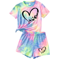 Shein Tween Girls' Casual Heart Pattern Short Sleeve Top And Shorts Set For Summer