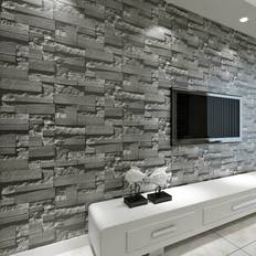 Grey brick effect wallpaper LivingAndHome 9.5M Realistic 3D Brick Effect Wallpaper Roll Dark Grey