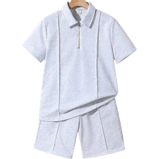 Shein Tween Boys Loose Fit Casual Knitted Solid Color Short Sleeve Polo Shirt And Shorts pcsSet