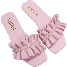 Synthetic Leather Slides Shein Women FauxÂ Pearl Decor Ruched Design Single Band Flat Sandals, Fashion Open Toe Slide Sandals For Summer