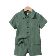Shein pcsYoung Boy Casual Cotton Short Sleeve Shirt And Shorts Set Suitable For Daily Wear College Travel And Play SpringSummer