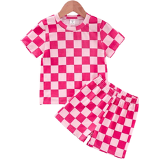 Shein pcsSet Young Girls Cute And Fashionable Checkerboard Pattern Short Sleeve Top And Shorts For Summer