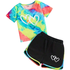 Shein Young Girls Short Sleeve Heart Print TShirt And Shorts Set Suitable For Years Old