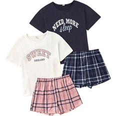 Shein Teen Girls' Simple Plaid Shorts And Round Neck Short Sleeve T-Shirt Two Piece Home Wear Set