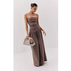 PrettyLittleThing Stretch Woven Bandeau Ruched Maxi Dress - Brown