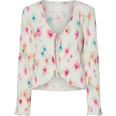 Synthetic Blouses Pieces Plisse Long Sleeve Tie Front Top - White Floral Print