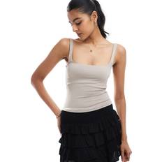 Brown - Women Tank Tops Bershka Shaping Square Neck Cami Top - Taupe