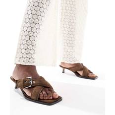 Suede Heeled Sandals Stradivarius Split Leather Sandals - Brown