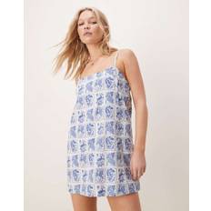 Abercrombie & Fitch Blue Dresses Abercrombie & Fitch Linen Button Detail Skort Dress Blue Stamp Print