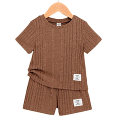 Shein pcsSet Baby Boys SolidStriped White TShirt And Shorts With Letter Patch Detail