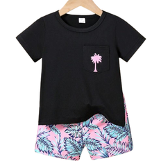 Shein pcsSet Baby Boys Stylish Summer Coconut Tree Print Leisure Holiday Shorts With Short Sleeve Knitted TShirt For Sports MixAndMatch Outfits