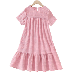 Shein Tween Girl Pink Textured Fabric Comfortable Casual Loose Vacation Dress