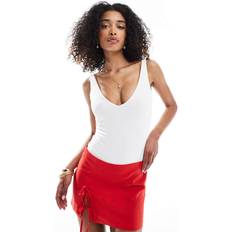 Bershka Plunge Neck Bodysuit With Side Ruching - White