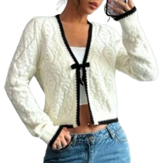 Shein Casual French Design Argyle Textured Contrast Trim Long Sleeve Knit Cardigan