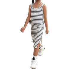 Elastane Dresses Shein Young Girl Striped Knit Square Neck Integrated Slit Hem Cami Dress