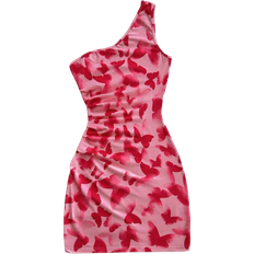 Shein Womens Romantic Butterfly Print Ruffle Trim Shoulder Mini Dress Fitted Silhouette Suitable For Vacation FallWinter