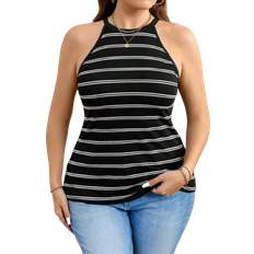 Shein Plus Womens Summer Fitted Stripe Halter Tank Top