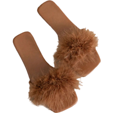 Shein Women Fluffy Decor Flat Sandals, Glamorous Brown Slide Sandals