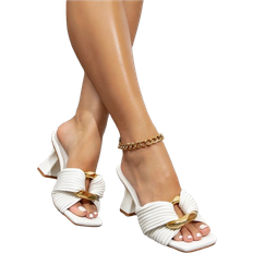 Shein Women Metal Decor Pleated Sculptural Heeled Mule Sandals, Fashionable White Heeled Sandals
