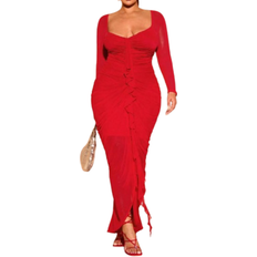 Shein Plus Womens Summer Solid Color Sweetheart Neck Long Sleeve Ruffle Splice Bodycon Elegant Dress