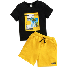 Shein Toddler Boys Letter & Palm Tree Print Tee & Drawstring Waist Shorts
