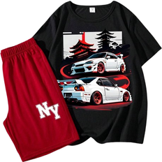 Bilar Övriga sets Shein White Car, Tween Boys' Casual Simple Round Neck Short Sleeve T-Shirts And Shorts Set, Summer