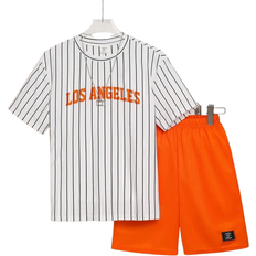 Shein Tween Boy Casual Striped Round Neck Short Sleeve TShirt With Letter Print Solid Color Knitted Shorts Two Piece Set