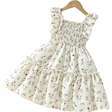 Shein Toddler Girls Ditsy Floral Print Ruffle Trim Shirred Dress With Hat