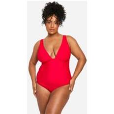boohoo Womens Plus Tummy Control Plunge Bathing Suit - Red