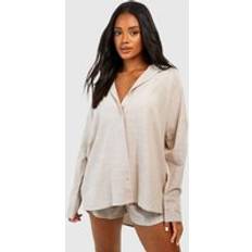 boohoo Womens Cotton Tonal Pinstripe Oversized Pyjama Shirt - Beige