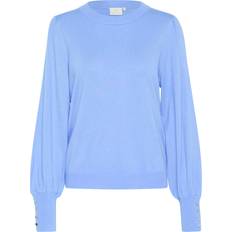 Blue - Viscose Jumpers Kaffe Lizza Button Cuff Pullover Plain - Blue
