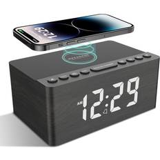 Grey Wooden Alarm Clock Bedside with FM Radio 10W Super Fast Wireless Charger Station
