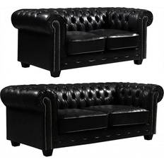 Chesterfield Black Leather Antique 3+2 Seater Set Sofa