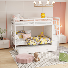 Bed Bath & Beyond Modern Solid Wood with Trundle and Staircase White (Twin) Bunk Bed