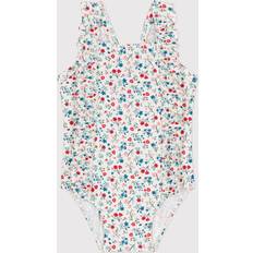 Babies Bathing Suits Petit Bateau Girls Ruffled Floral Swimsuit - White