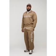 Brown - Men Suits boohooMAN Mens Plus Embroidered 1/4 Zip Tracksuit - Brown