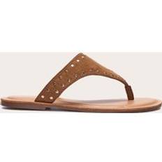 Faux Suede Stud Detail Toe Thong Flat Sandals - Brown