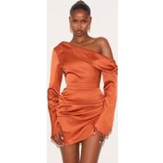PrettyLittleThing Satin One Shoulder Drape Bodycon Dress - Orange