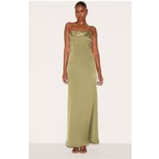 PrettyLittleThing Sage Green Satin Draped Frill Back Detail Maxi Dress