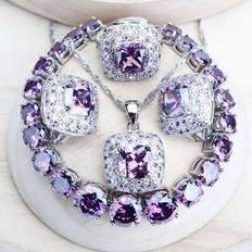 Purple Jewellery Sets Maxpower Wedding Silver Color Jewelry Set For Women Bridal Cubic Zircon Rings Bracelets Earrings Pendant Necklace Set - Purple