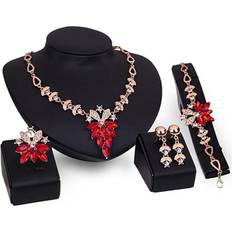Red Jewellery Sets Maxpower 4pcs Jewelry Set Flower Design Birthday Gift Durable Necklace Earrings Bracelet Ring - Red
