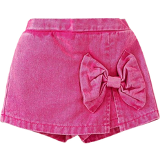 Shein Baby Girls' Lovely Butterfly Bowknot Decorated Casual Set With Denim Skirt And Shorts, Rose Red