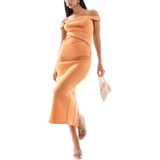 ASOS DESIGN Structured Bardot Pencil Midi Dress - Apricot Orange