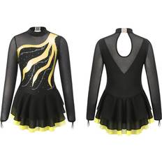 Kids Girls Long Sleeve Rhinestone Decorated Hollow Back Dance Dress - Yellow