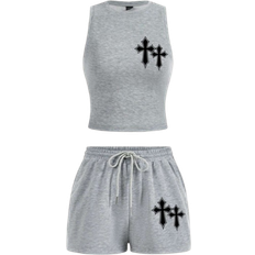 Shein Womens Simple Cross Print Casual Sports Sleeveless Top And Shorts Piece Set Light Gray
