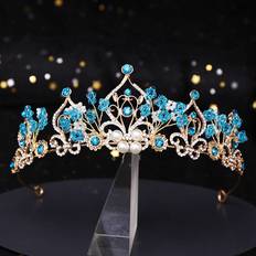Blue Crowns & Tiaras Fancy Dress XZGSTORE 6cm Tall Ocean Blue Crystal Gold Tiara Crown Bridal