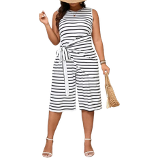 Shein Plus Womens Striped Printed Simplistic Sleeveless Jumpsuit For Daily Wear
