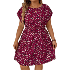 Shein Sommerkleid Große Größen für Damen mit Rundhalsausschnitt, Fledermausärmel und Allover-Druckmuster
